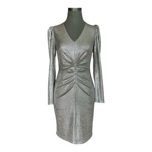 Aqua Silver Textured Ruffle V-Neck Sheath Cocktail Dress Size XS Elegant Party